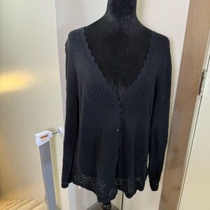 Frye Black Pointelle Cutout Lightweight Cardigan Sweater V-Neck Scallop Lace XL